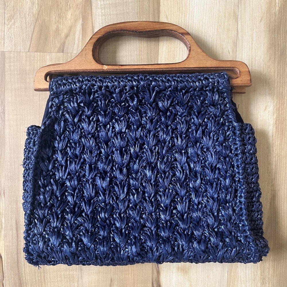 Vintage Handbag Straw Navy Blue Wood Coastal Beach Preppy Cottage‎ Classic Vacay - Picture 2 of 12